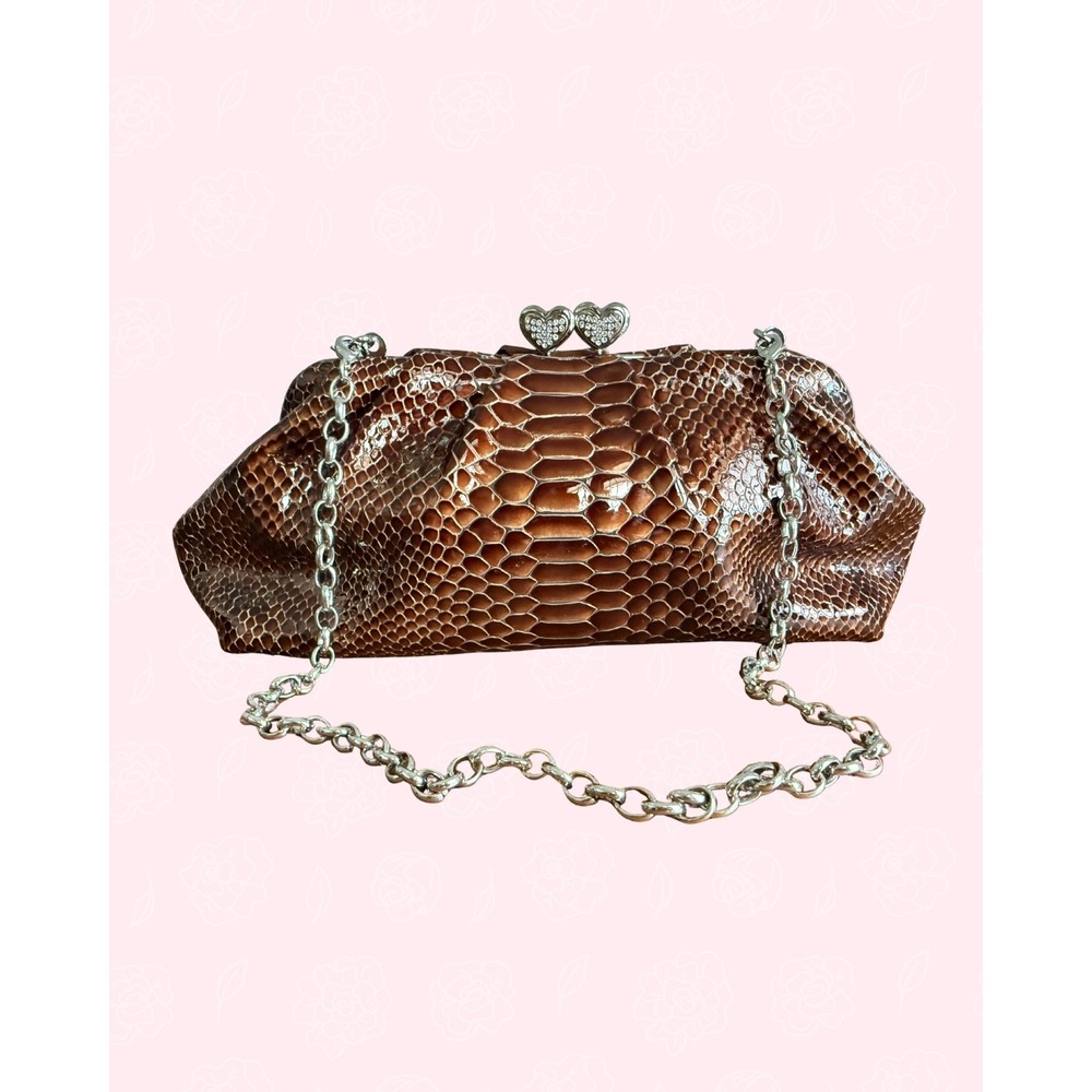 Brighton Kiss Lock Clutch Snake Embossed Patent Leather Bag Chain Brown Sugar